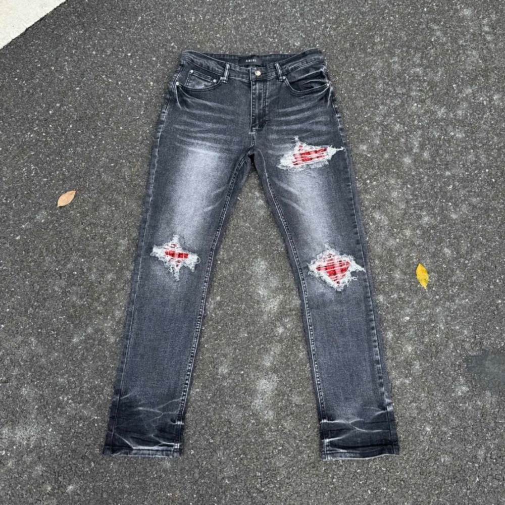 AMIRI Gray Skinny Jeans with Red Details